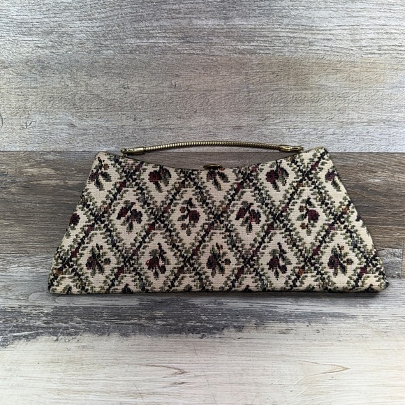 The Unbranded Brand Handbags - Vintage Petit Point Needlepoint Purse Tapestry Handbag Clutch Bag Floral Gold